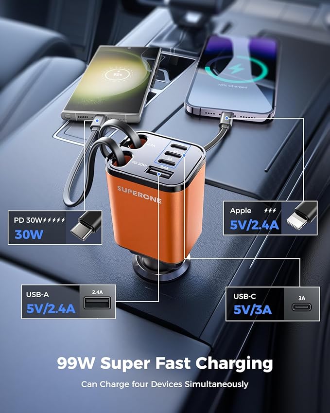 [Upgraded] 6 in 1 Retractable Car Charger, SUPERONE Smaller Fast Car Phone Charger 99W with Cord, USB C and iPhone Car Charger Adapter, Compatible iPhone 17/17 Pro Max/16/15/14/13/12/11, Sumsung