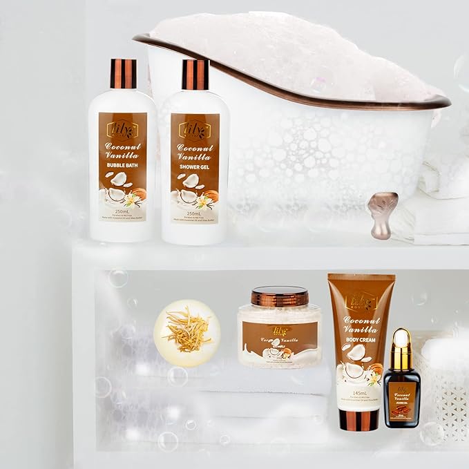 Mothers Day Gifts for Mom, Gifts for Women, 7-Piece Coconut Vanilla Bath and Body Gift Set, Spa Kit | Spa Gifts for Valentines Day, Fathers Day, Birthday, Christmas Gift, All Occasion Gift