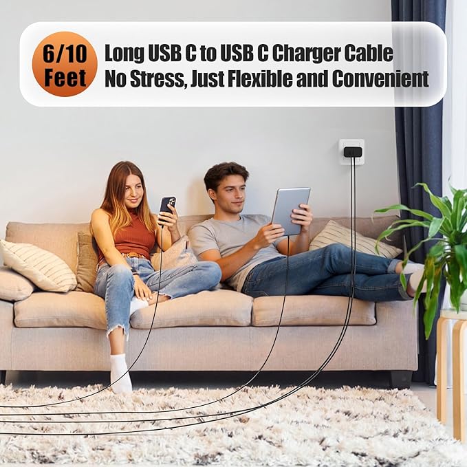 45W Dual Type C Charger Fast Charging for Samsung,PD 3.0 GaN Super Fast Android Phone Charger Block with Long USB C Cable 10FT/6FT for Galaxy S25/S25 Ultra/S25+/S24+/S23/S22/for iPhone 17/16/15 Series