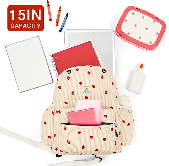 STEAMEDBUN Corduroy Kids Backpack for Girls and Boys 5-8: Girls Backpack for Elementary Kindergarten - 15 inch Cute Backpacks for Kids - Strawberry