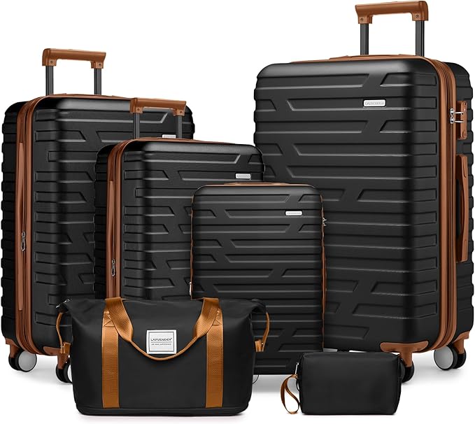 6 Piece Luggage Sets with Bags, Lightweight Expandable Checked Luggage Sets, Hardshell ABS Spinner Wheels Carry on Suitcase with TSA Lock, for Travel, Women Men (Black Brown, 18/20/24/28inch+2bags)
