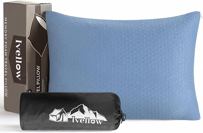 Ivellow Memory Foam Travel Pillow Compressible Camping Pillow for Sleeping Shredded Memory Foam Pillow Compact Firm Supportive Travel Pillow for Adults Kids Outdoor Hiking Essential Gear Blue-S