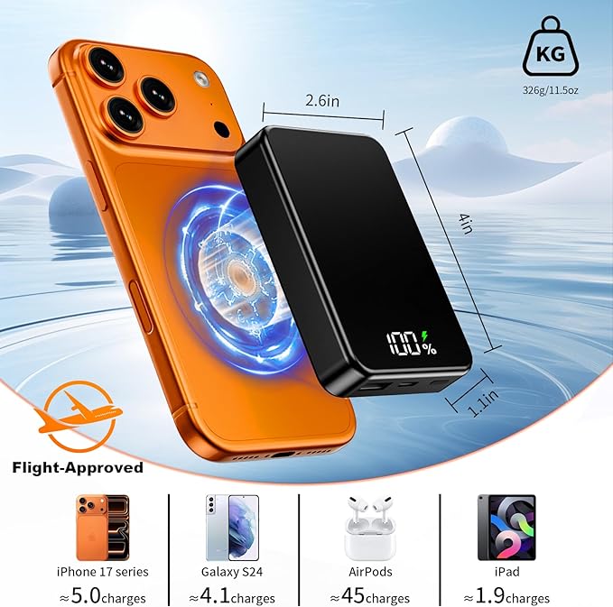 26800mAh Magnetic Power Bank, Mag-Safe Compatible Wireless Portable Charger, Aluminum Alloy, Large Capacity 20W Fast Charging USB-C, Travel Essential, for iPhone 17Air/16/15/14/13/12 Series, Black