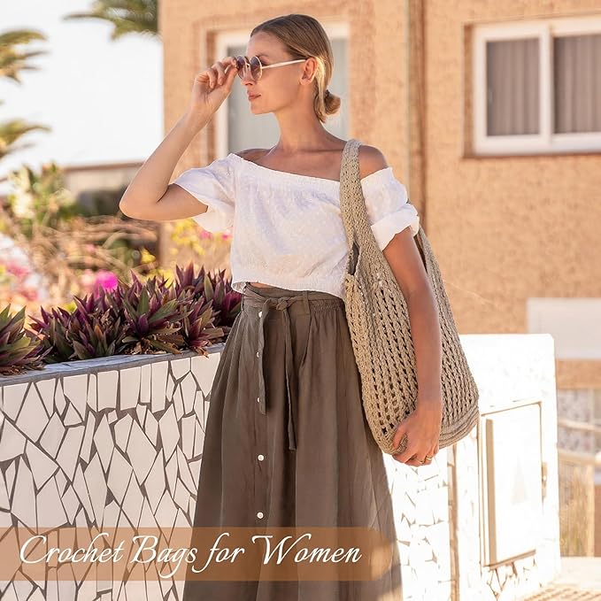 Tavaleu Crochet Tote Beach Bags for Women, Mesh Beach Tote Knit Bag, Summer Vacation Aesthetic Boho Hobo Shoulder Bag