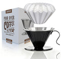 AGOGO V60 Coffee Dripper - Unbreakable 304 Stainless Steel Pour Over Cone for Travel & Camping, Includes 50 Paper Filters & Barista Towel - Black