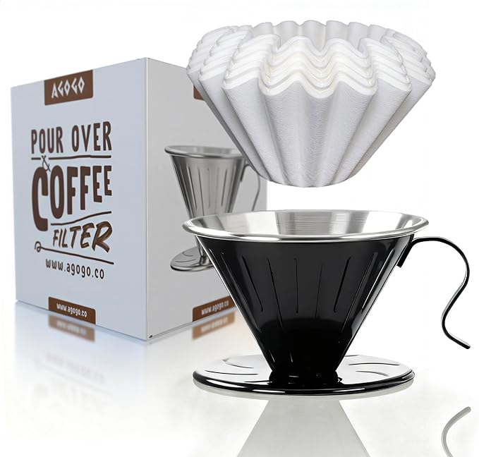 AGOGO V60 Coffee Dripper - Unbreakable 304 Stainless Steel Pour Over Cone for Travel & Camping, Includes 50 Paper Filters & Barista Towel - Black
