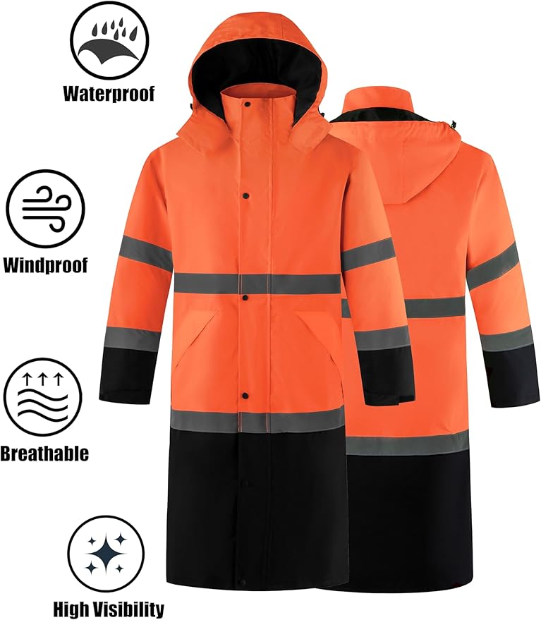 Ubon Men's Hi Vis Long Raincoat Waterproof Reflective Safety Rain Jacket High Visibility with Detachable Hood