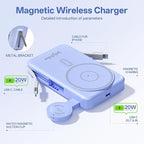 Magnetic Portable Charger Built-in Cables,10000mAh Fast Charging Wireless Charger Station External Battery Pack Slim Pocket Size Power Bank with Stand Compatible with iWatch, iPhone