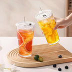 GOSCHE 20oz Ribbed Glass Tumbler with Straw and Lid, Clear Iced Coffee Cups Vintage Glassware, Glass Cups with Lids and Straws for Smoothie Water Tea Juice, Clear, 2 Pack