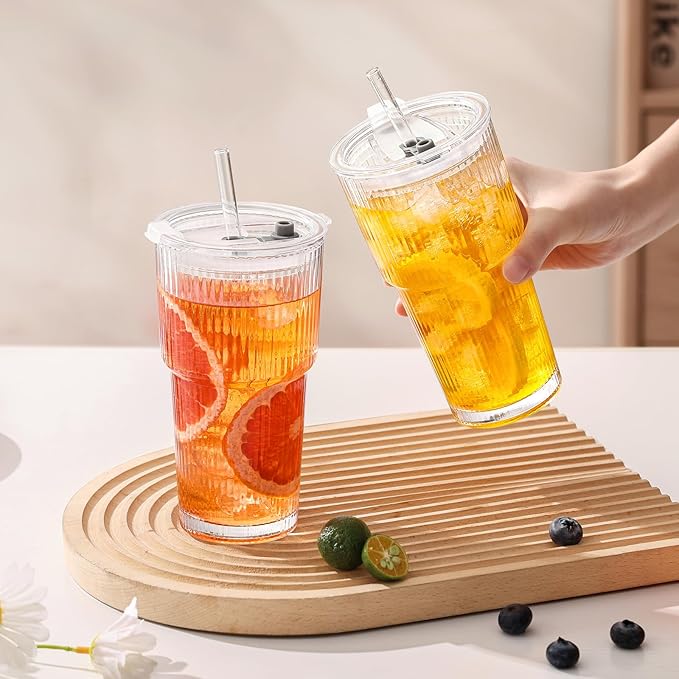 GOSCHE 20oz Glass Tumblers with Straws and Lids, Ribbed Iced Coffee Cups Leak-proof, Dishwasher Safe, Thickened Glass Cups with Lids Ideal for Coffee and Travel, Clear, 4 Pack