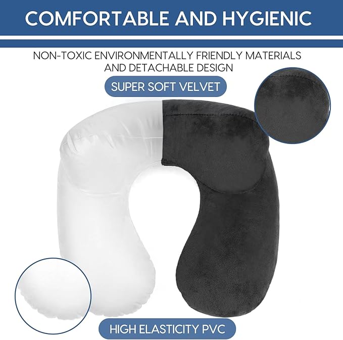 Inflatable Travel Pillow for Airplane Inflatable Neck Pillow for Traveling with Soft Velvet Washable Cover for Sleeping, Airplane,Train, Car, Office, Contoured Eye Masks, Earplugs (Dark Gray)