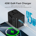 45W Universal Travel Adapter – Compact Plug with 3 USB-C & 2 USB-A Ports for EU/UK/US/AU, International Power Adapter Worldwide Charger, CE/FCC/RoHS Certified (Blue)