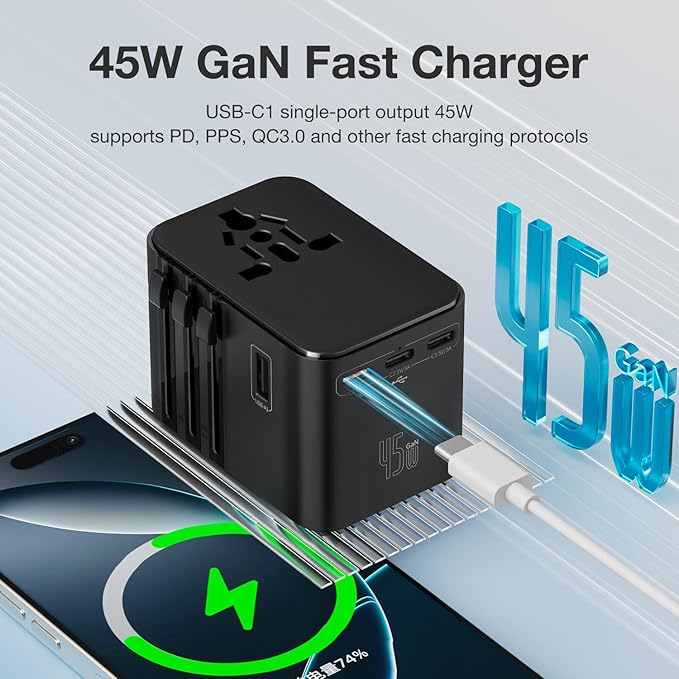 45W Universal Travel Adapter – Compact Plug with 3 USB-C & 2 USB-A Ports for EU/UK/US/AU, International Power Adapter Worldwide Charger, CE/FCC/RoHS Certified (Blue)