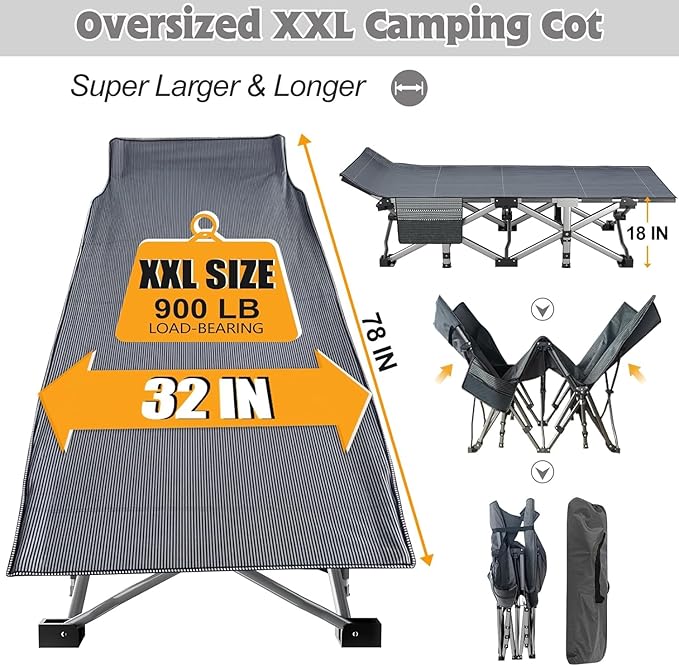 ABORON XXL Camping Cot with 2in Memory Foam Mattress, 900LBS Heavy Duty Sleeping Cot for Adults, Extra Wide Sleeping Cot, 1200D Double Layer Oxford Cot for Camping, Guest, Office Nap