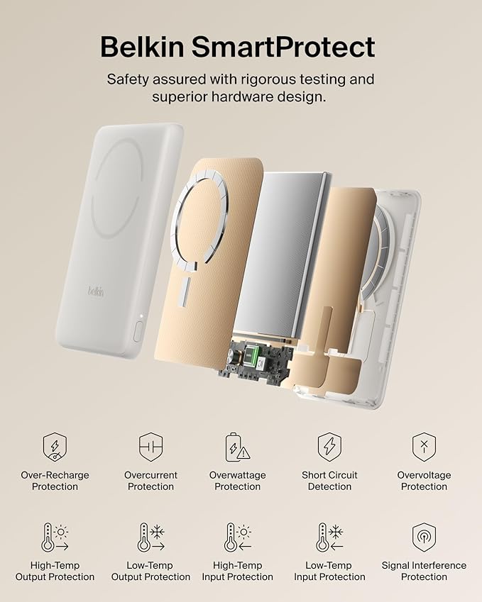 Belkin MagSafe Power Bank 5,000mAh, Ultra-Slim Qi2 15W Certified Magnetic Back Supports MagSafe Accessories On-the-Go, Wireless Battery Pack w/USB C Cable for iPhone 17, Pixel 10, Travel - Sand