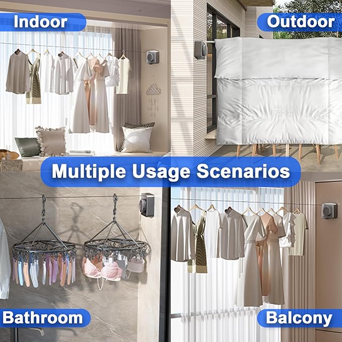 Retractable Clothesline Indoor & Outdoor, 16.2 Ft Non-Sagging Stainless Steel Laundry Washing Line with Wall Mounted Heavy Duty Design, Space-Saving Clothing Drying Rack (1, Gray)