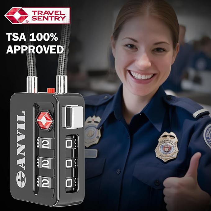 ANVIL TSA Locks for Luggage with Search Alert: Durable Cable Combination Locks, TSA Approved - Secure Travel Locks for Suitcases, Backpacks & Gun Cases (4 Colors)