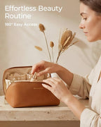 BAGSMART Makeup Bag Travel Cosmetic Bag, Large Make Up Bag Flat Open Toiletry Bag for Women, Waterproof PU Leather Travel Essentials Organizer Case, Wide-open Pouch Purse for Skincare, Brushes, Black