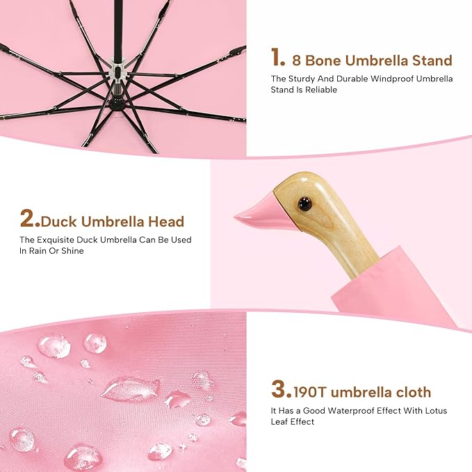 Compact Small Umbrellas for Rain&Sun, Cute Design Duck Head Umbrella for Girls Gifts, 8 Ribs Folding Umbrella with Wooden Handle