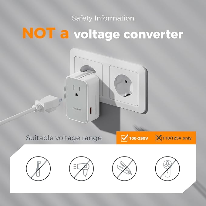 Universal Travel Adapter 20W, TESSAN Ultra Slim International Power Adapter with 2 USB-C 1 USB-A, Travel Plug Adaptor Worldwide for US to European UK Spain Italy England New Zealand (Type C G A I)