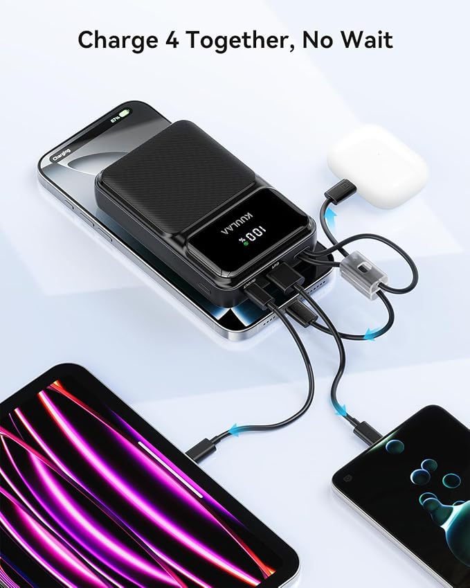 Kuulaa Portable Charger with Built in Cables 20000mAh, Travel Power Bank with LED Display, 22.5W Fast Charging Battery Pack for iPhone 17 16 15 14 13 12 Android