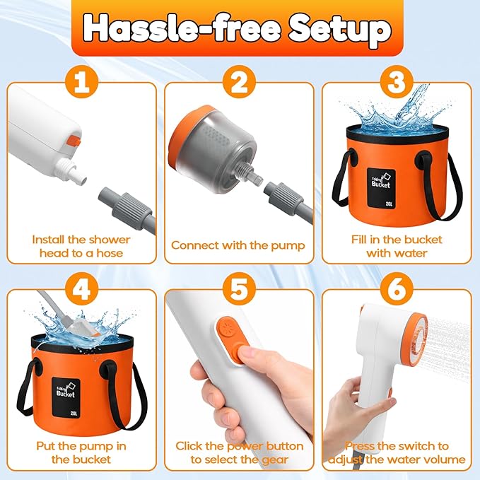 Portable Shower for Camping, Rechargeable Shower Head with LED Light, Filtered Camp Shower Pump, Large Capacity Foldable Bucket, Outdoor Camping Shower for Hiking, RV, Water Plant, Car Wash, Pet Bath