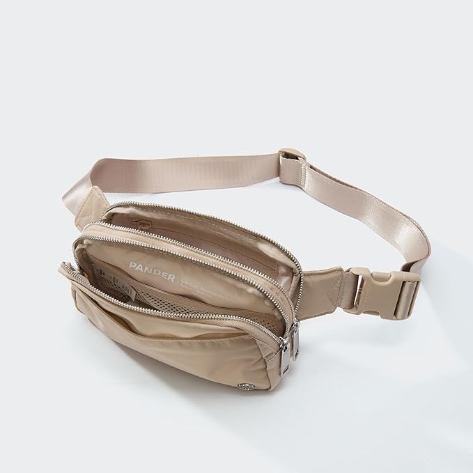 Pander Everywhere Belt Bag for Women, 5 Zipper Pockets Nylon Crossbody Fanny Pack Purse (Raw Linen).