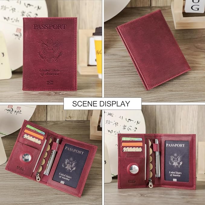 CONTACTS Full Grain Leather Passport Holder RFID Blocking Travel Passport Wallet Compatible with Airtag Passport Cover Case with 4 Cards Slots, Coin Pocket (Badge, Wine Red)