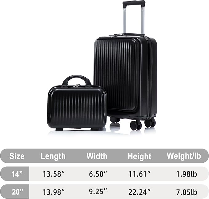 GDFStudio 14/20 Inch 2 Piece Luggage Set with Front Opening Design, ABS Hard Shell Spinner Suitcase with Combination Lock,360° Silent Wheels, Retractable Handle, and 14” Portable Cosmetic Case,Black