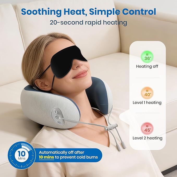 Medicane Neck Travel Pillow with Massage, Neck Pillows with Heat & Gentle Vibration Massage with Ergonomic Foam, Perfect for Airplane, Car, Office, Home, Pain Relief,Sleeping,Traveling,Long Flight