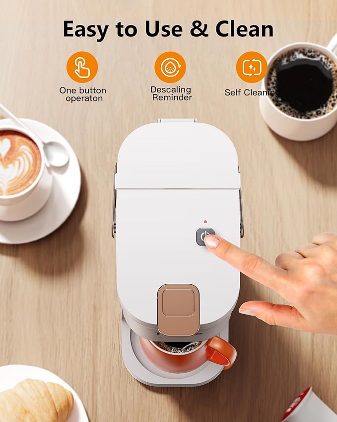Tastyle Single Serve One Cup Coffee Maker, for K Cups and Grounds, Mini Coffee Maker with Portable Handle, 6 to 12 Oz Brew Size, for Travel, Camping, Office, RV and Dorm, 120V, White and Brown