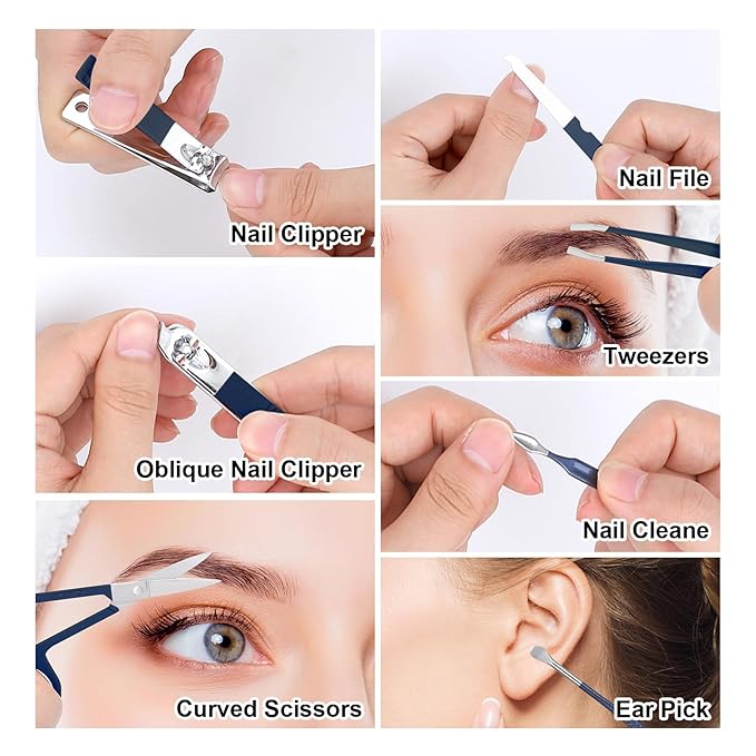 Manicure Set-Stainless Steel Nail Care Set-Professional 7 in 1 Ingrown Toenail Clipper Grooming Tool-Pedicure Kit & Toe Nail Cutter-Thick Nail Scissors Toiletries with Cuticle Trimmer (Blue)
