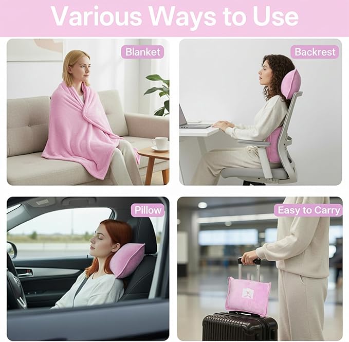 Travel Blanket and Pillow, Ultra-Soft, Compact & Lightweight, 60x50 in, Airplane Travel Essentials with Hand Luggage Sleeve and Backpack Clip, for Travel & Picnic (Pink)