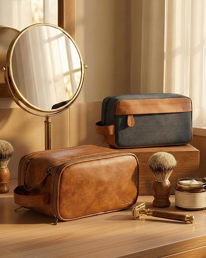 Elviros Travel Toiletry Bag Gift for Men，Mens Toiletries Bag Gifts Set Shaving Dopp Kit Water-resistant Bathroom Toiletries Organizer PU Leather Cosmetic Bags 2 Pack Brown