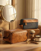 Elviros Travel Toiletry Bag Gift for Men，Mens Toiletries Bag Gifts Set Shaving Dopp Kit Water-resistant Bathroom Toiletries Organizer PU Leather Cosmetic Bags 2 Pack Brown