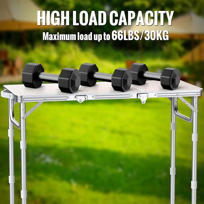 GARLLEN Folding Camping Table, 3-Height Adjustable Portable Folding Camping Table with Storage Bag, Lightweight Picnic Aluminum Table for Camping, BBQ, Outdoor, 34.2" L x 15.7" W, Silver