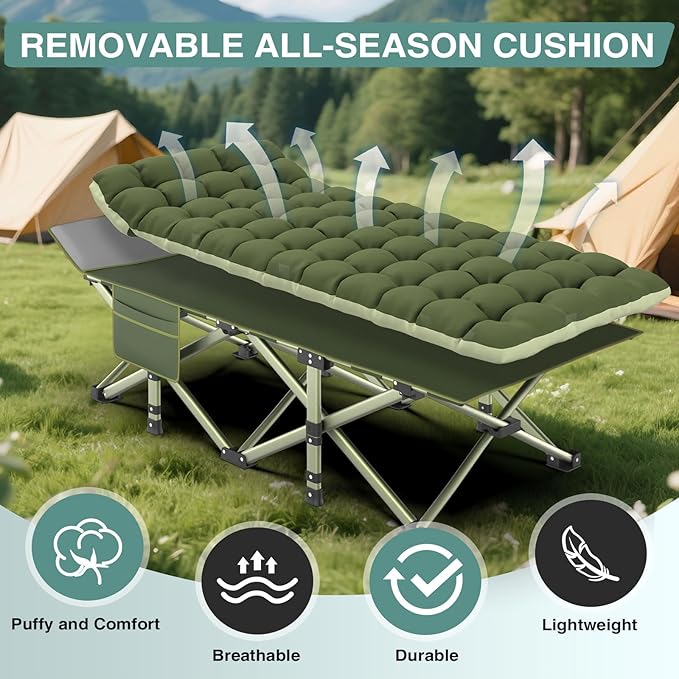 ZENPETIO Oversized XXL Folding Camping Cot, Heavy Duty Sleeping Cot for Adults with Mattress and Pillow, Portable Cot Bed with Carry Bag for Outdoor Camp Travel Home Guest Office, Green