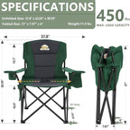 Colegence Oversized Folding Camping Chairs - 450 LBS Support Heavy Duty Camp Chair with Padded Cushion, Portable Outside Chairs with Carry Bag，Cooler, Cup Holder for Outdoor, Lawn, Sports - Green