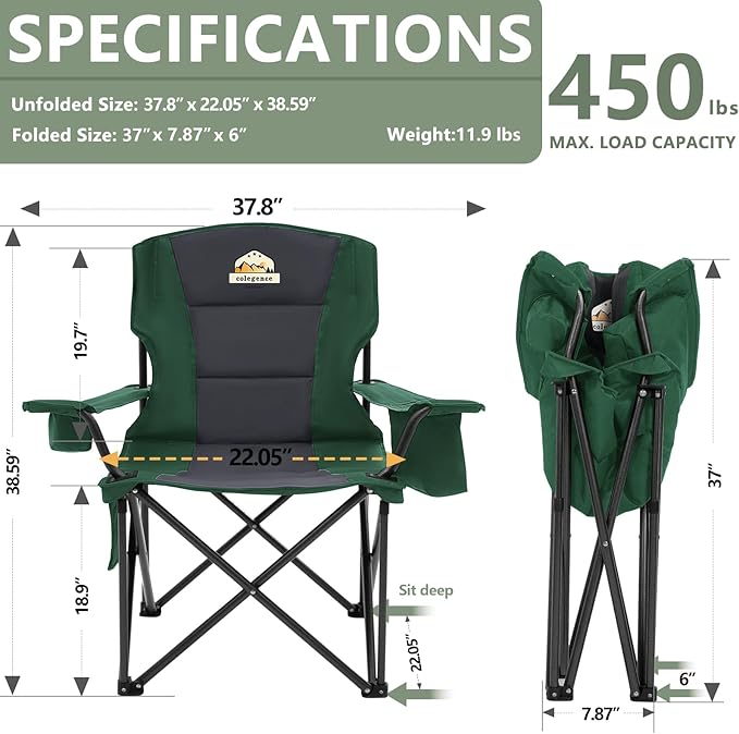 Colegence Oversized Folding Camping Chairs - 450 LBS Support Heavy Duty Camp Chair with Padded Cushion, Portable Outside Chairs with Carry Bag，Cooler, Cup Holder for Outdoor, Lawn, Sports - Green