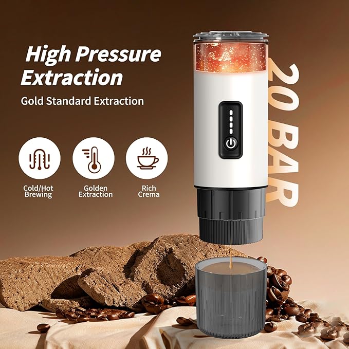 3-in-1 Portable Espresso Maker 20 Bar Self-Heating Stainless Steel Fits Ground Coffee & Nespresso Capsules USB-C Rechargeable for Camping Car Hiking Office