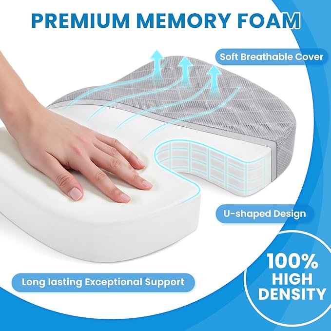 TushGuard Office/Car Seat Cushion, Non-Slip Sciatica & Back Coccyx Tailbone Pain Relief Chair Pad, Memory Foam Butt Pillow for Computer Desk, Wheelchair, Driving (Light Grey)