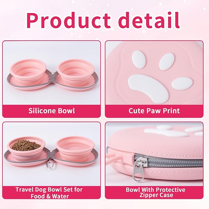Dog Bowl for Travel, Collapsible Silicone Dog Dual Bowls with Dustproof Zip Case and Pet Paw Pattern 180 Degrees Flip Over Compact Foldable Feeder for Camping Hiking Trips