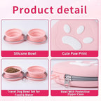 Dog Bowl for Travel, Collapsible Silicone Dog Dual Bowls with Dustproof Zip Case and Pet Paw Pattern 180 Degrees Flip Over Compact Foldable Feeder for Camping Hiking Trips
