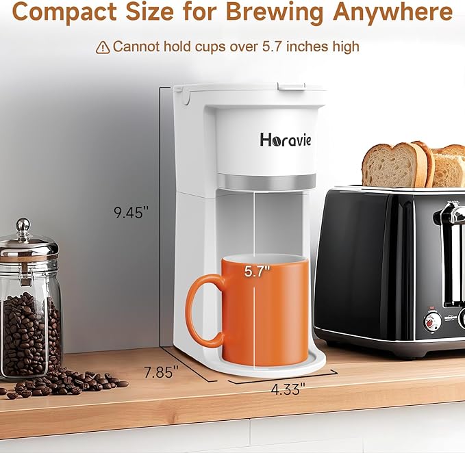 Horavie Small Single Serve Coffee Maker, Fast Brew One Cup Coffee Machine for K Cup and Grounds, 6 to 12 oz. Brew Sizes, Capsule Coffee Machine with Descaling Reminder and Viewing Tank, White