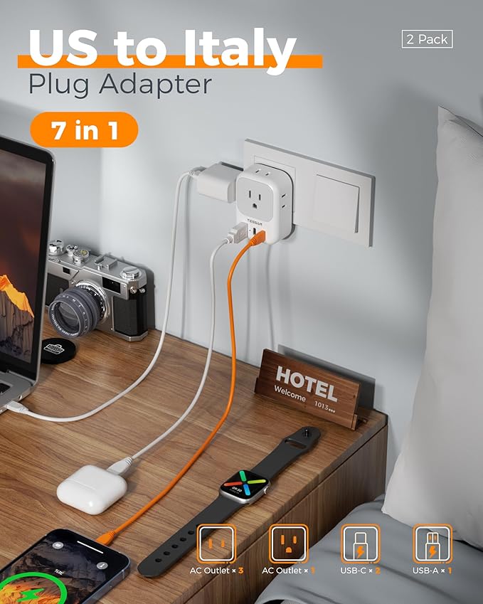 Italy Travel Plug Adapter 2 Pack, TESSAN Type L Adapter for Travel with 4 Outlets 3 USB (2 USB-C), Power Adaptor for US to Italy Chile Rome Uruguay Milan Libya