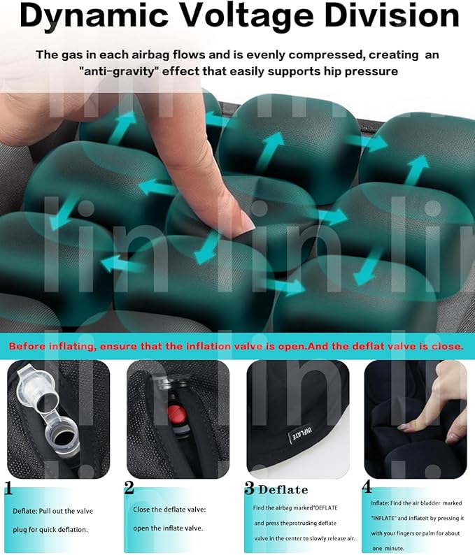 Inflatable Seat Cushion Self-Inflating No Pump Needed, Portable Adjustable 3D Airbag Ergonomic Cushion for Airplane Travel, Car, Office Chair, Wheelchair, Camping, Long Sitting Comfort