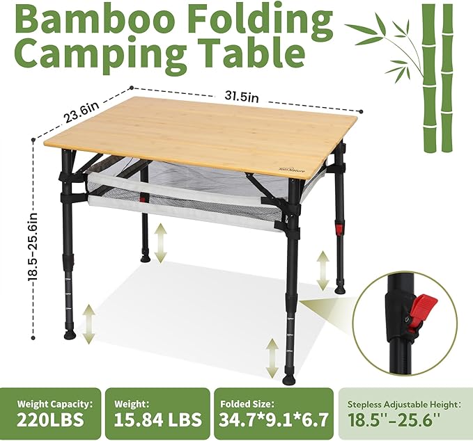 Join Nature Bamboo Camping Table, Adjustable Height Folding Outdoor Table with Aluminum Frame, Portable Camp Table with Carry Bag for Camping, RV, Picnic & Tailgating