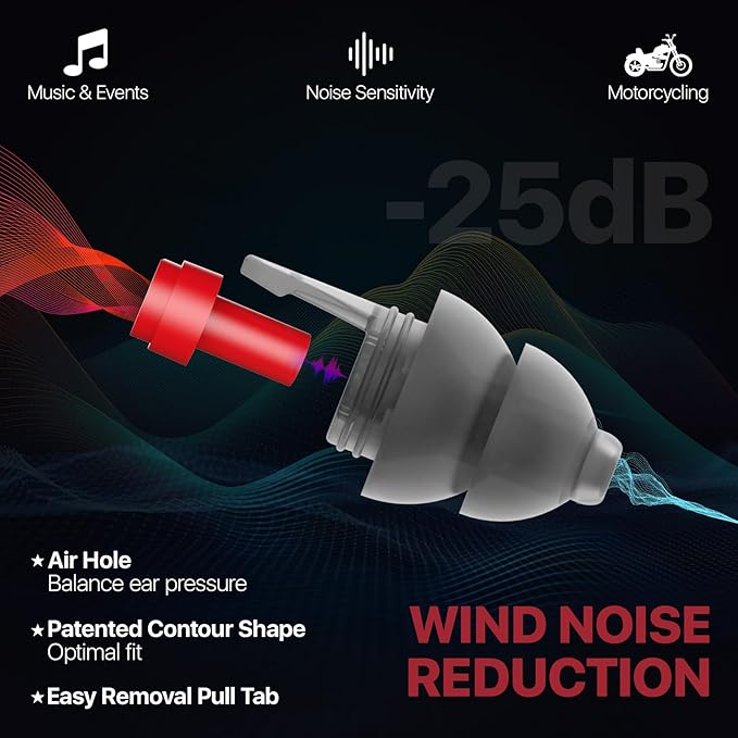 Motorcycle Ear Plugs for Wind Noise Reduction, 2 Pairs Reusable Motorcycle Accessories - Moto Earplugs, Soft Comfortable Hearing Protection for Motorbike, Touring, Racing, Riding - 25dB, 2 Sizes