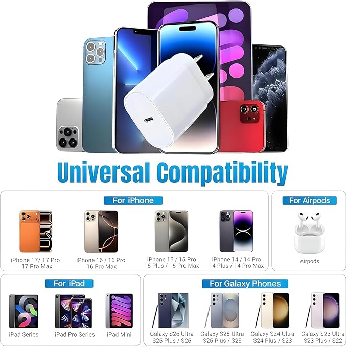TT&C 30W USB-C Power Brick, PD Super Fast Type-C Wall Adapter Compatible with iPhone 17, 17 Pro Max, iPhone Air, 17e, 16, 16e, 15, iPad mini, & for Galaxy S26/S25/S24 White 2-Pack