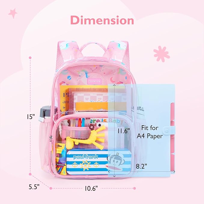 mommore Clear Backpack for School Kids Clear Bookbag Heavy Duty 15 Inch See Through Backpack Unicorn Transparent Bag for Girls